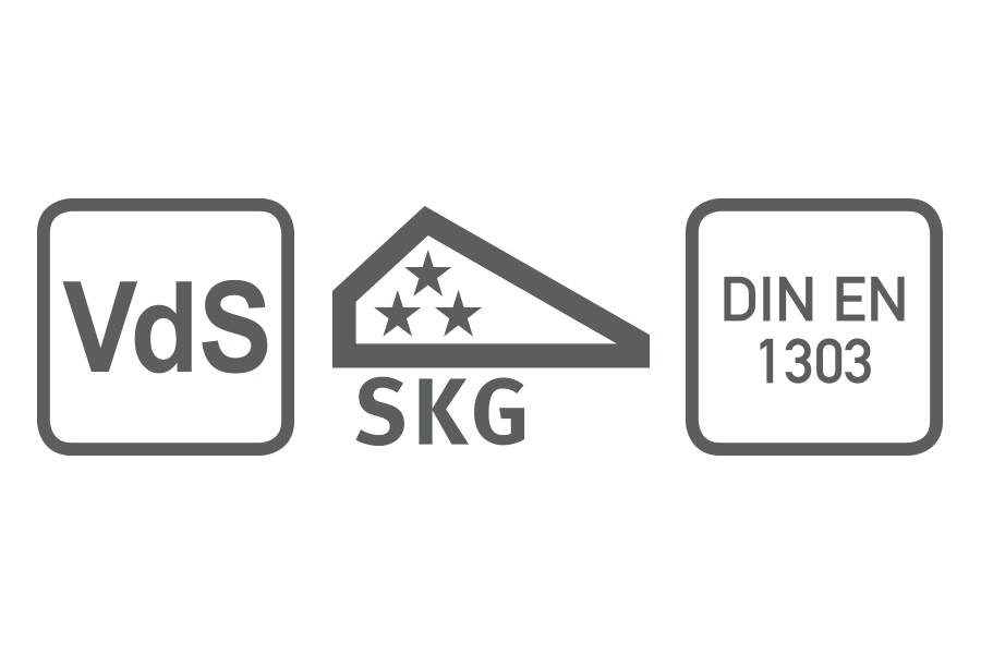 three certification logos for DOM keys and cylinders